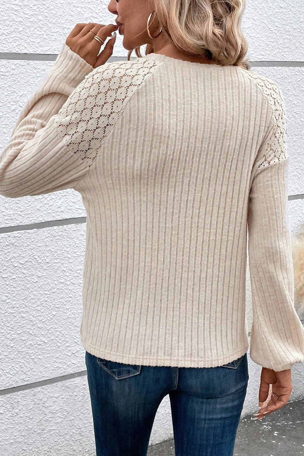Parchment Contrast Lace Raglan Sleeve Buttoned Ribbed Top-Chaelisa's New Jammies