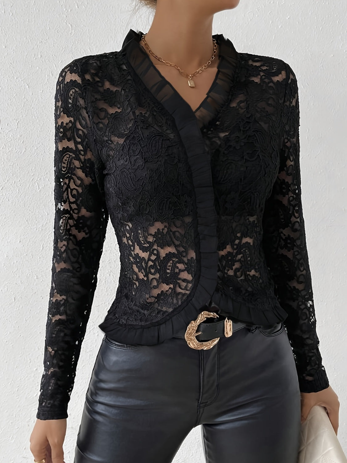 Ruffled V-Neck Long Sleeve Lace Top-Chaelisa's New Jammies