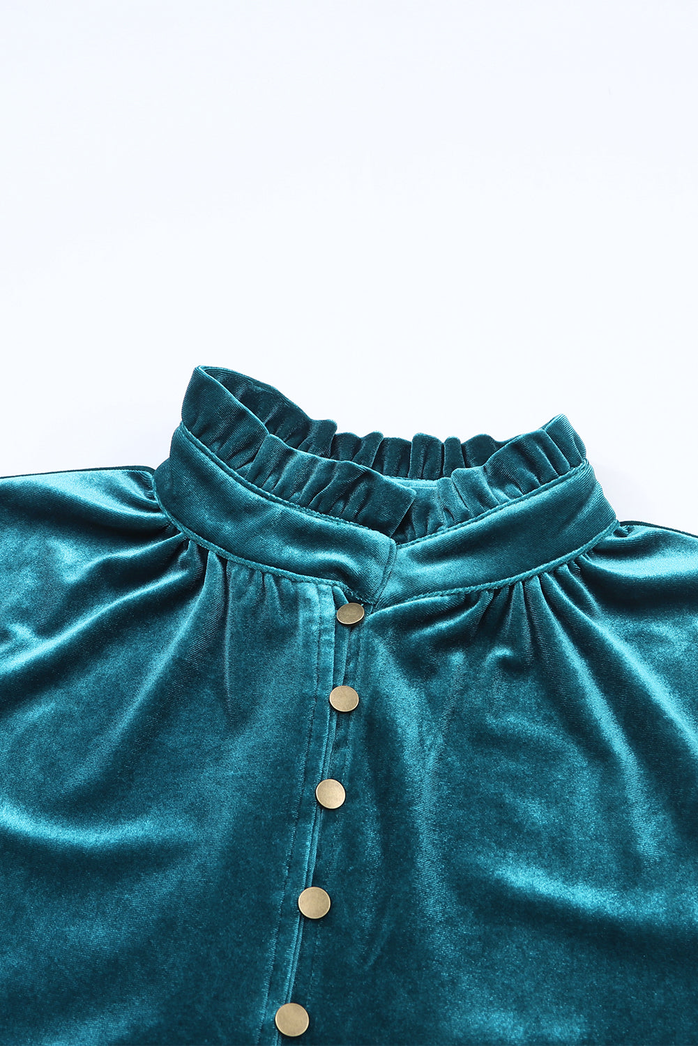 Navy Blue Frilled Buttoned V Neck Velvet Blouse-Chaelisa's New Jammies