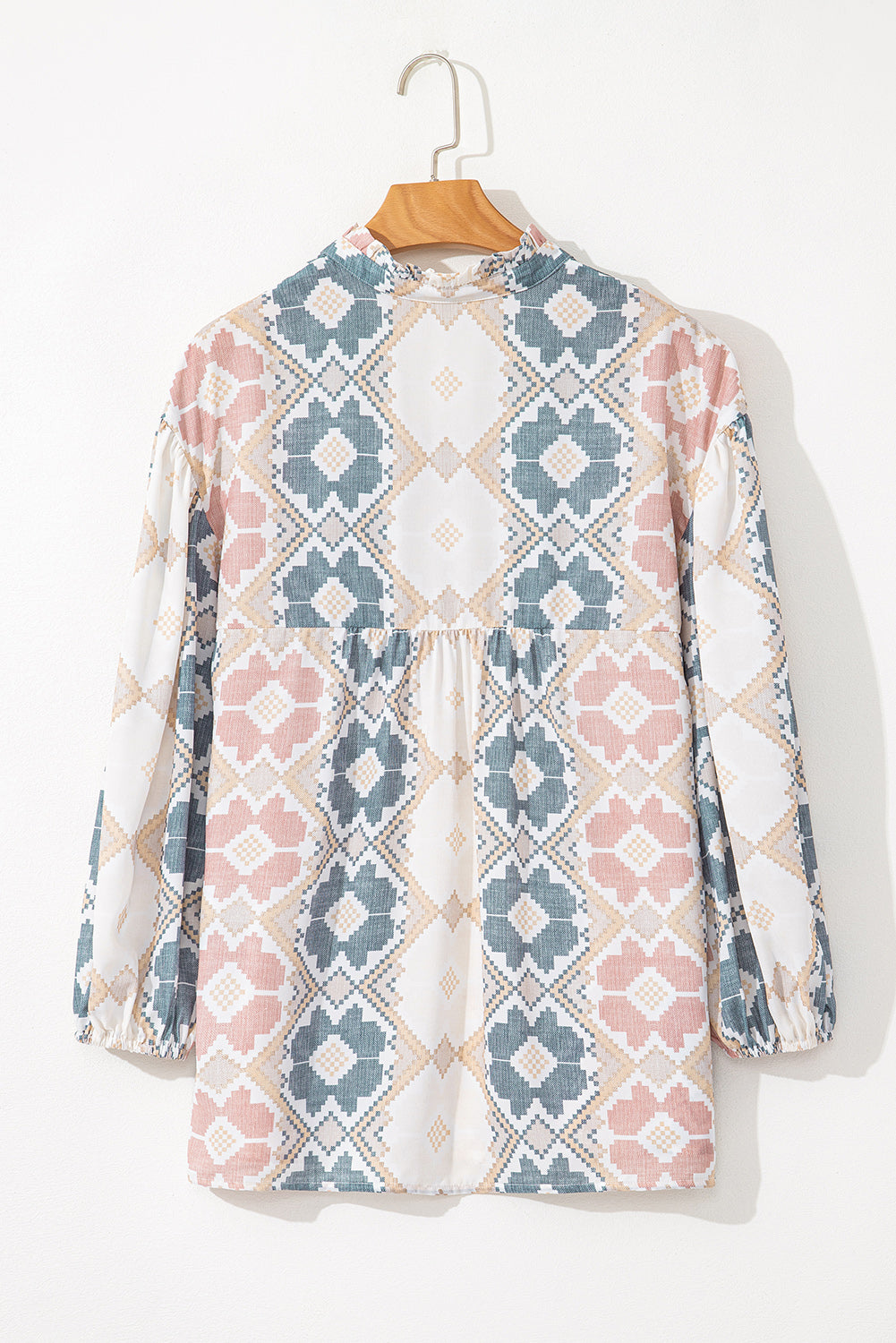 Khaki Geometric Print Tassel Tie Split Neck Balloon Sleeve Blouse-Chaelisa's New Jammies