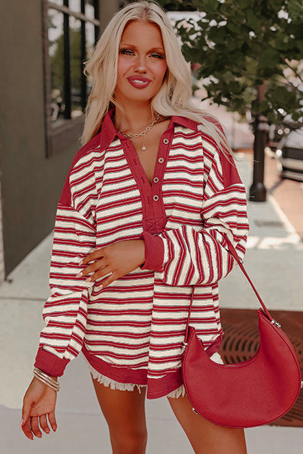 Red Stripe Buttoned V Neck Collared Drop Shoulder Top-Chaelisa's New Jammies
