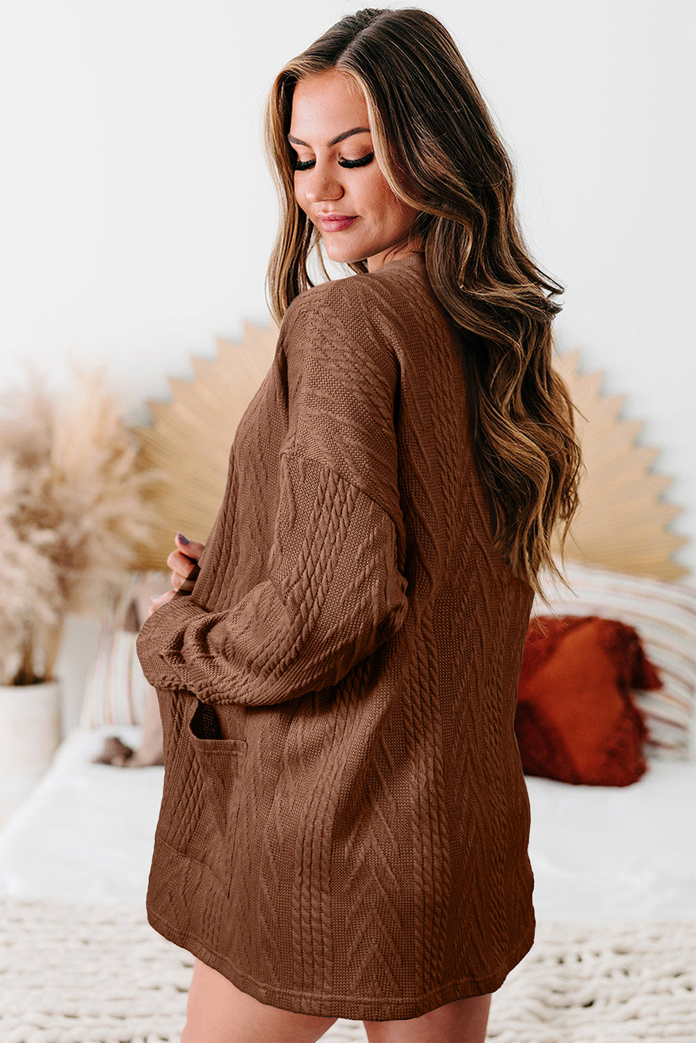 Coffee Solid Textured Open Front Cardigan with Pocket-Chaelisa's New Jammies
