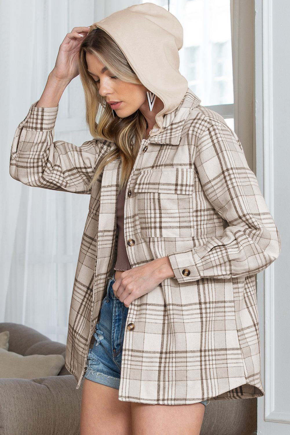 Khaki Plaid Removable Hooded Button Up Jacket-Chaelisa's New Jammies