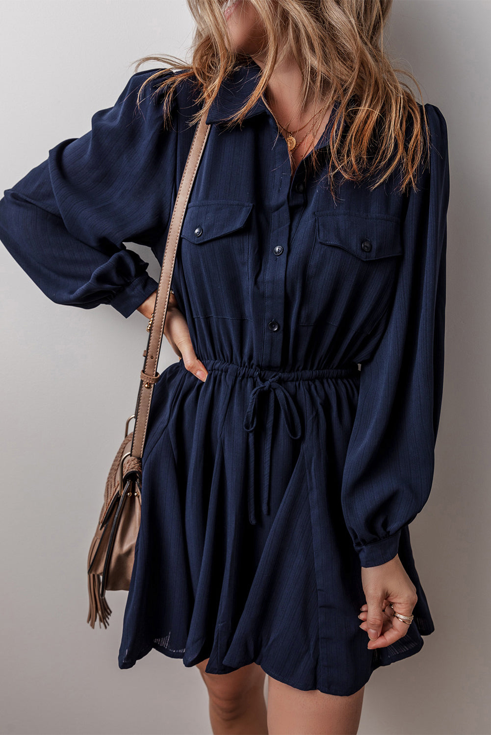Navy Blue Solid Chest Pockets Tunic Shirt Mini Dress-Chaelisa's New Jammies