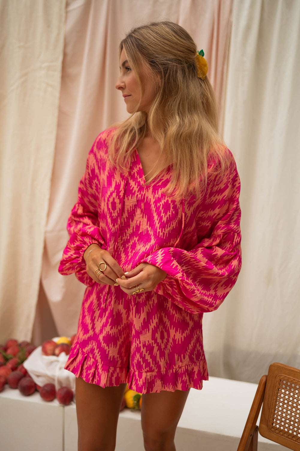 Rose Western Aztec Geometric Print Top and Ruffled Shorts Set-Chaelisa's New Jammies