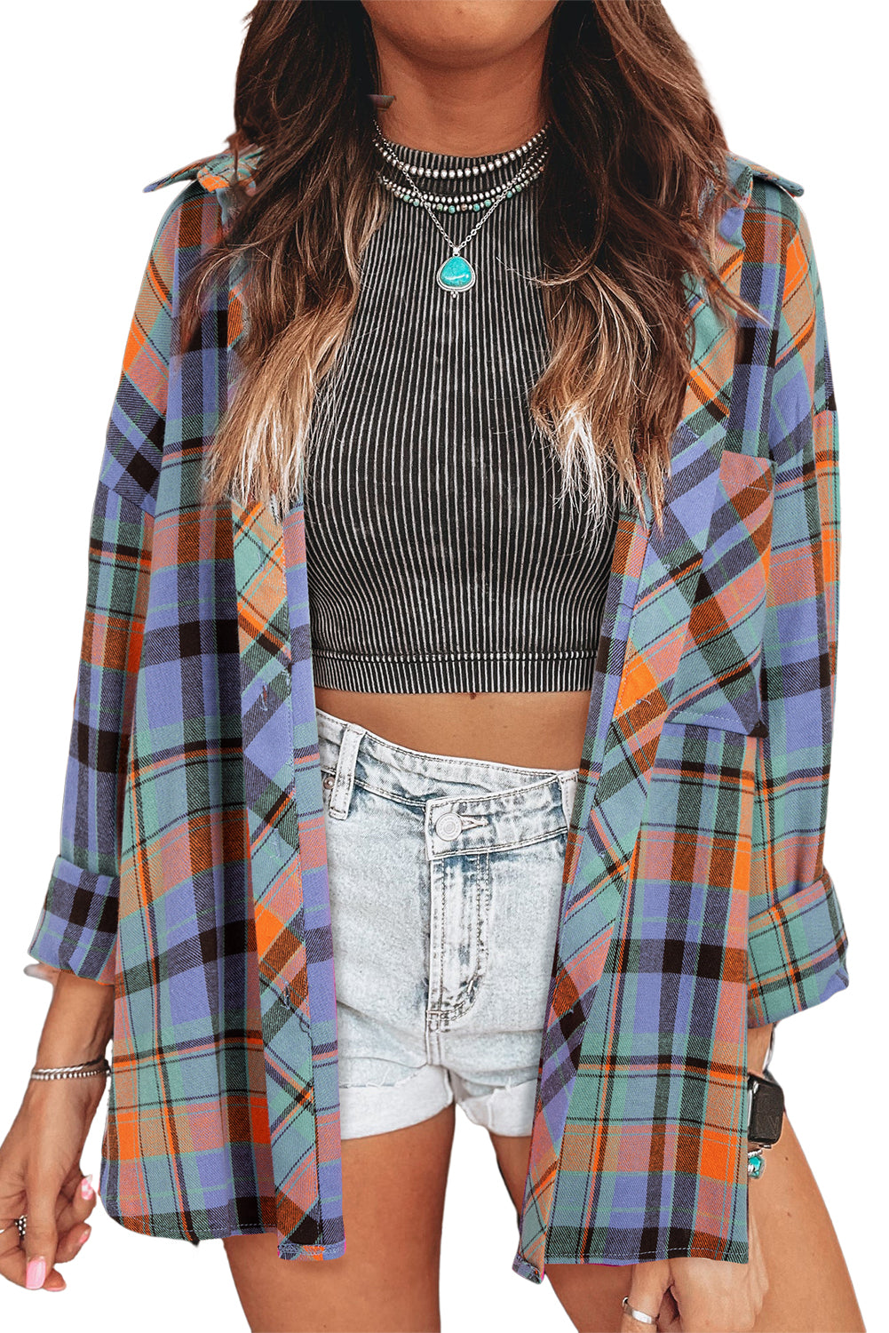 Red Plaid Print Drop Sleeve Loose Shirt-Chaelisa's New Jammies
