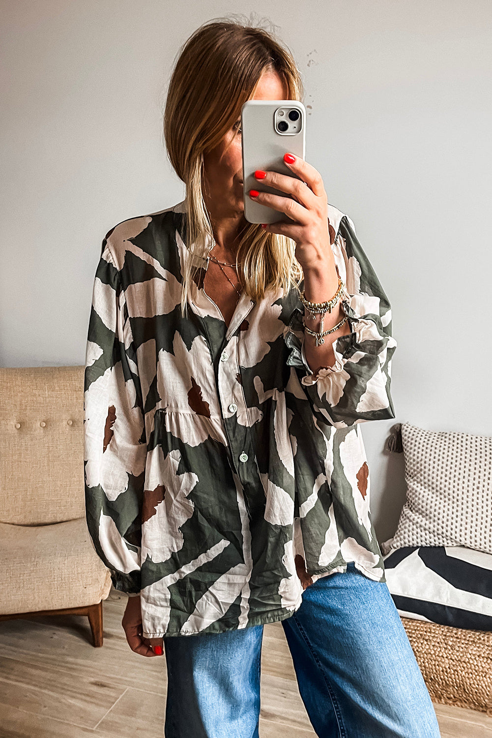 Four Leaf Clover Abstract Floral Print Puff Sleeve Half Button Blouse-Chaelisa's New Jammies