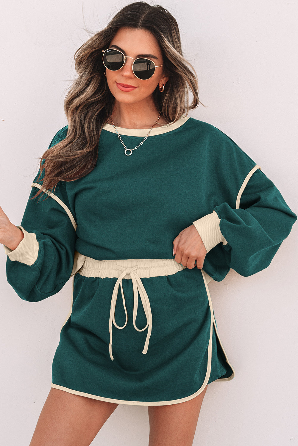 Evergreen Color Contrast Loose Pullover and Lace-up Waist Skort Set-Chaelisa's New Jammies