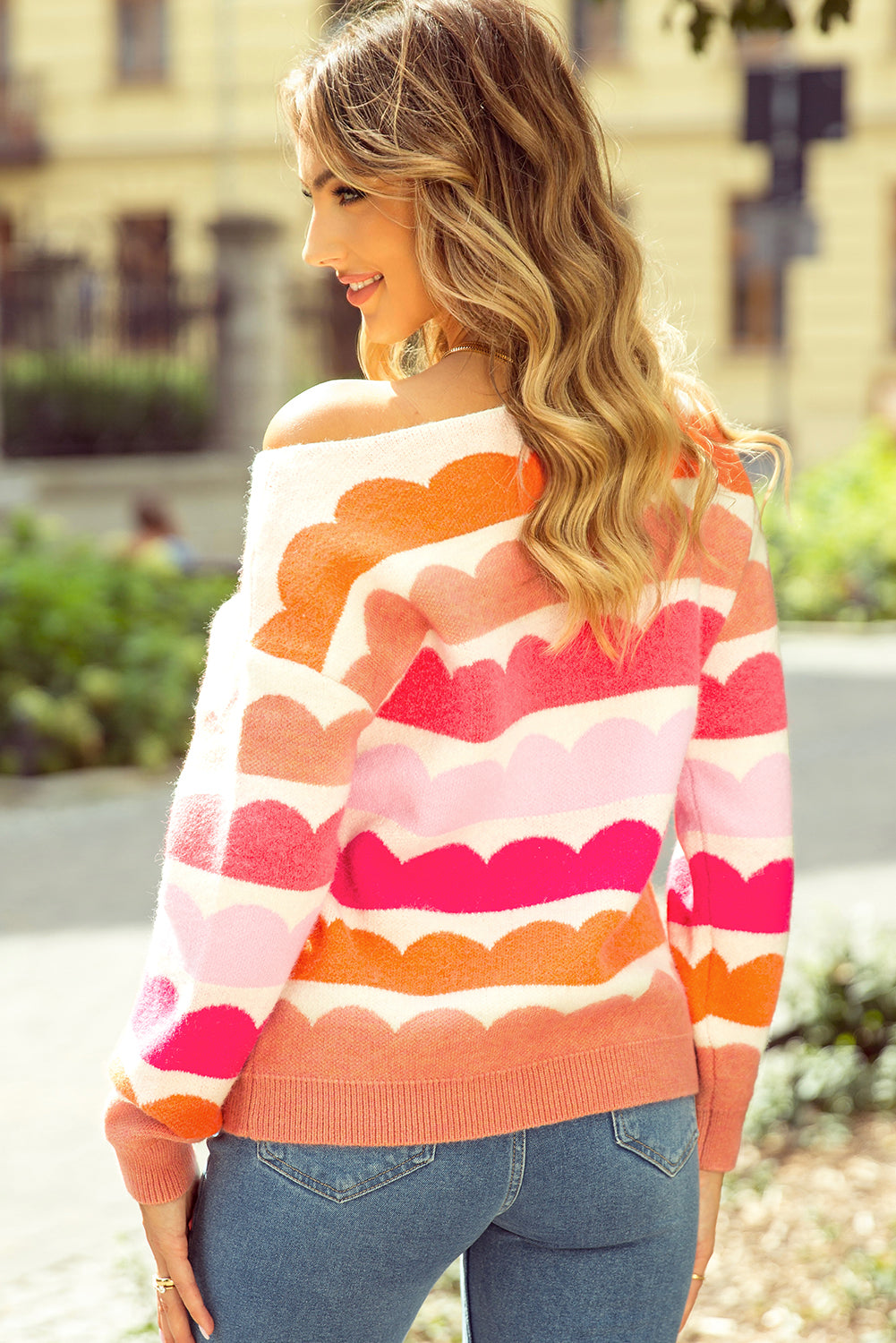 Rose Red Wave Striped Balloon Sleeve Drop Shoulder Sweater-Chaelisa's New Jammies