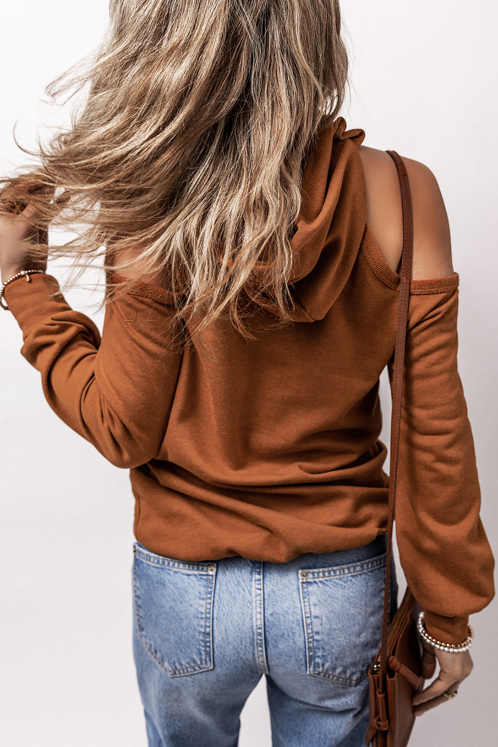 Cinnamon Exposed Seam Cold Shoulder Drawstring Hoodie-Chaelisa's New Jammies
