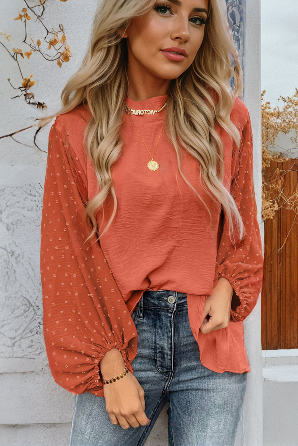 Russet Orange Swiss Dot Balloon Sleeve Patchwork Crinkle Blouse-Chaelisa's New Jammies