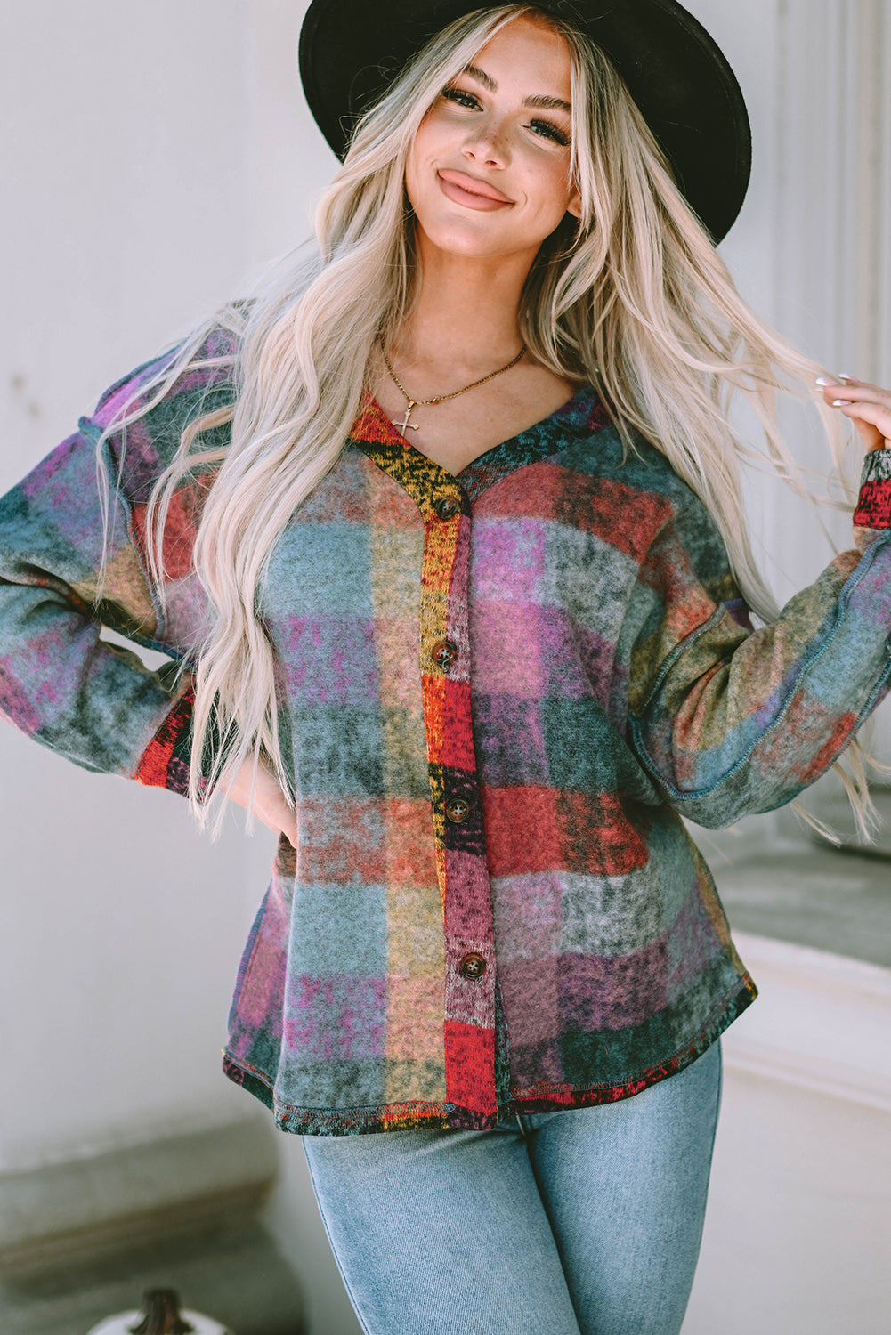 Multicolor Brushed Checked Western Buttoned Jacket-Chaelisa's New Jammies