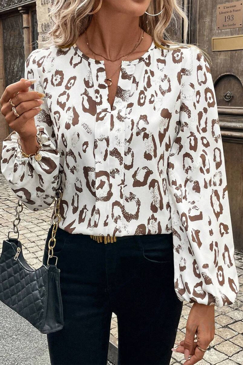 Khaki Leopard Print Split Neck Balloon Sleeve Blouse-Chaelisa's New Jammies