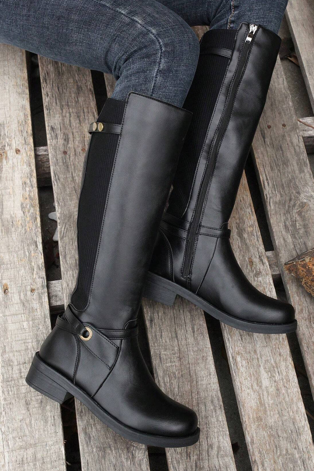 Black Side Zipper Knee High Chunky Low Heel Boots-Chaelisa's New Jammies