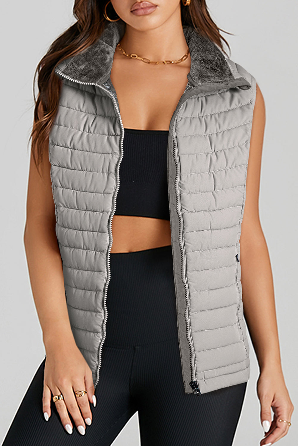 Silvery Plush Collared Quilted Zipped Puffer Vest-Chaelisa's New Jammies