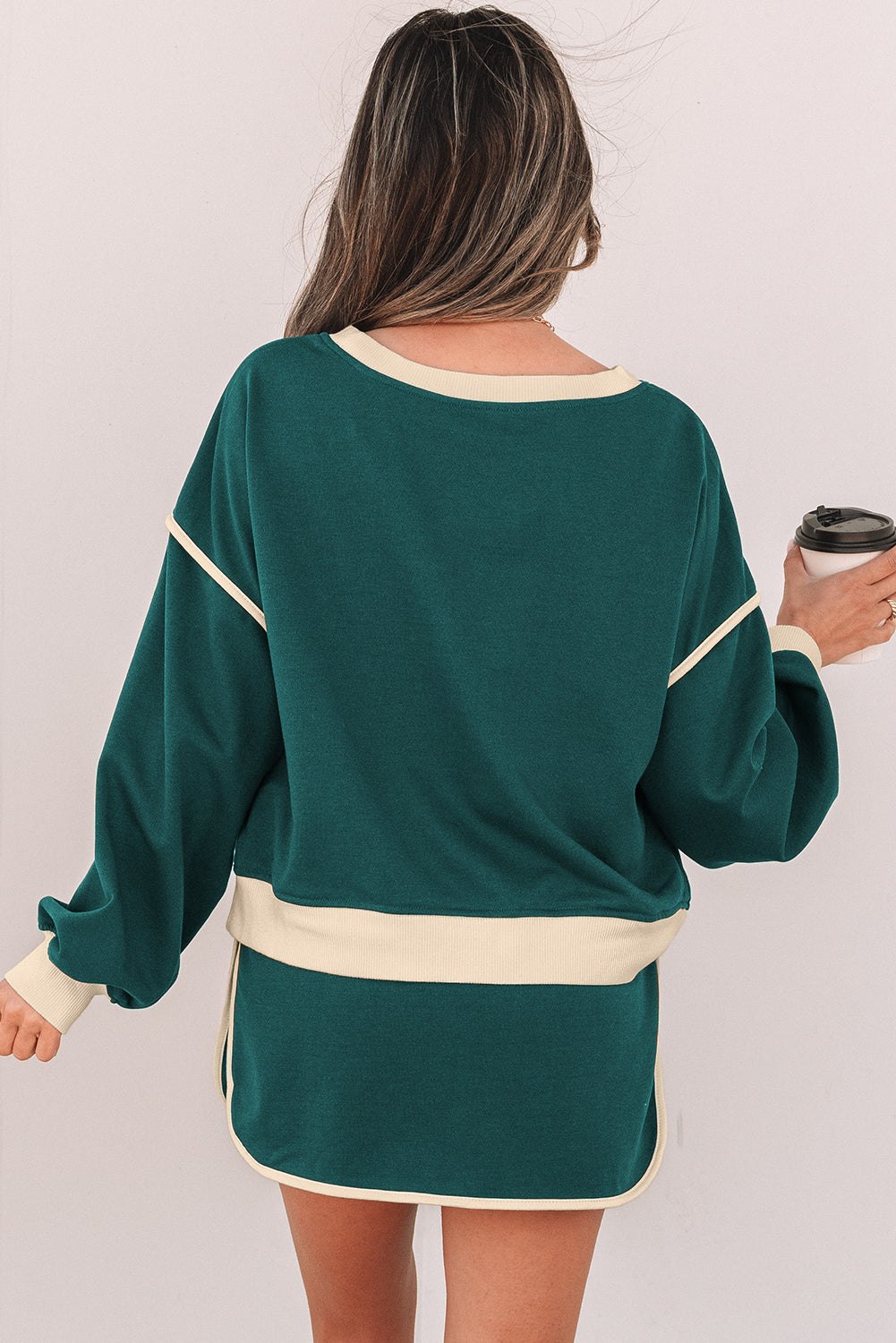 Evergreen Color Contrast Loose Pullover and Lace-up Waist Skort Set-Chaelisa's New Jammies