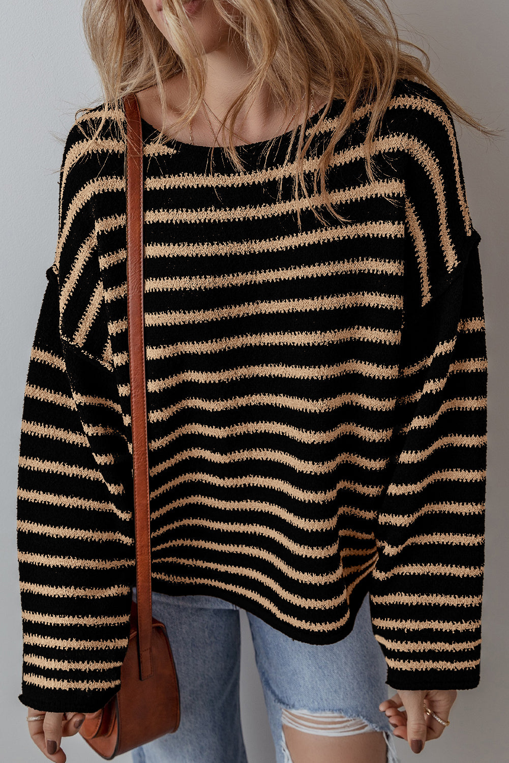 Black Stripe Drop Shoulder Round Neck Loose Sweater-Chaelisa's New Jammies