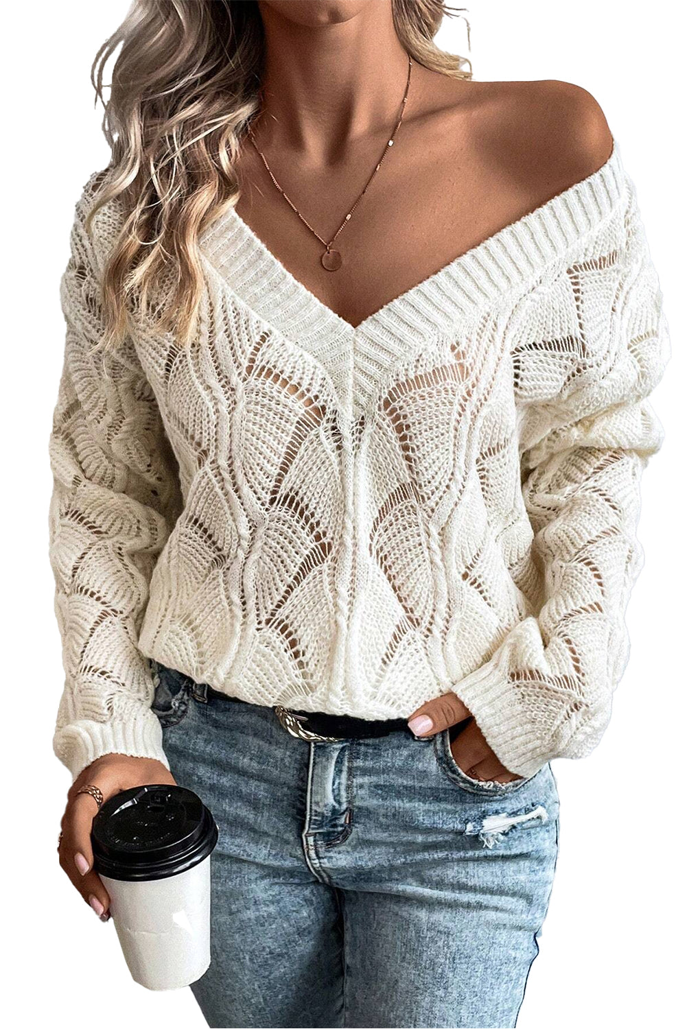 Beige Hollow Out Knit V Neck Drop Shoulder Sweater-Chaelisa's New Jammies