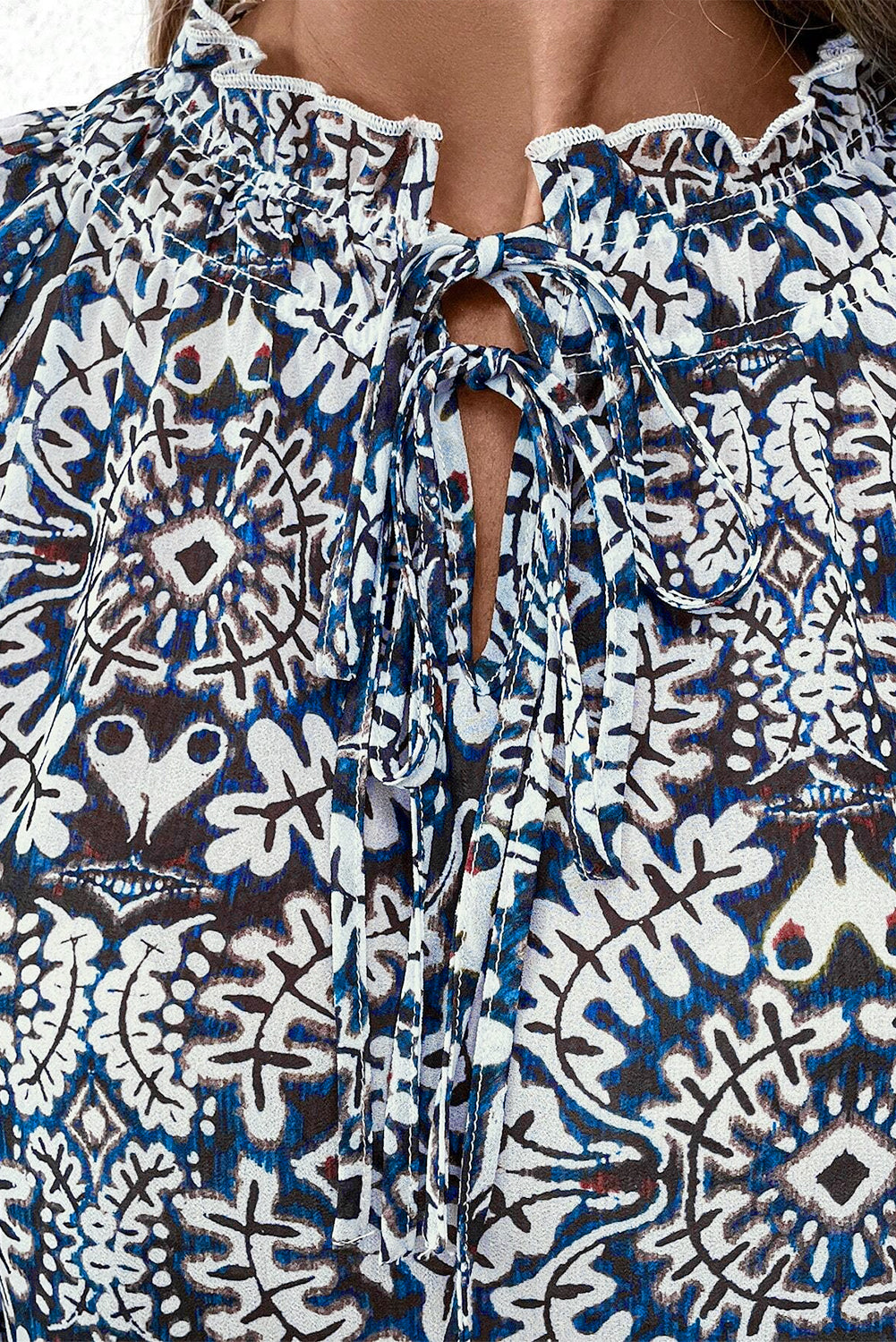 Blue Tribal Print Lace-up Frilled Neck Puff Sleeve Blouse-Chaelisa's New Jammies