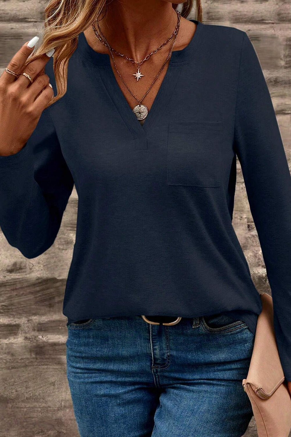 Dirty blue Notch V Neck Pocket Patched Long Sleeve T Shirt-Chaelisa's New Jammies
