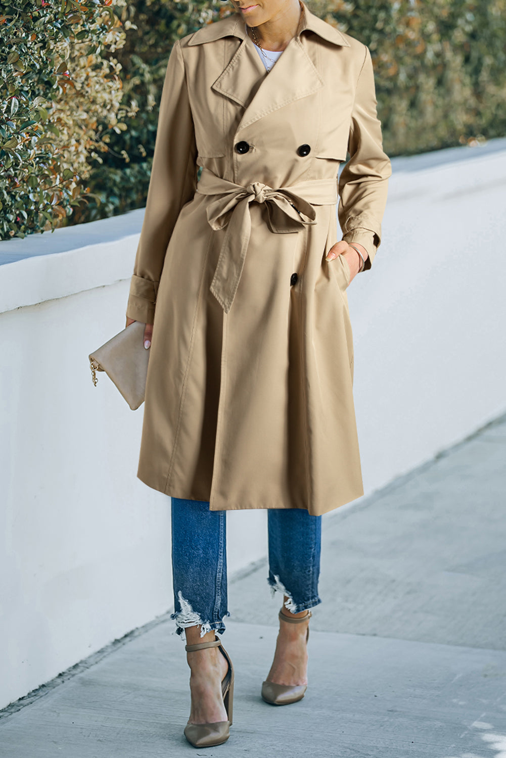 Pale Khaki Solid Color Lapel Collar Waist Tie Wind Coat-Chaelisa's New Jammies