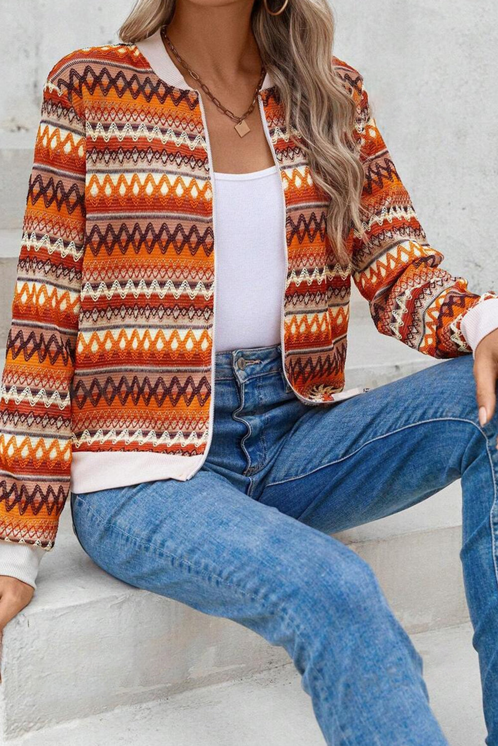 Orange Boho Striped Zip Up Long Sleeve Jacket-Chaelisa's New Jammies
