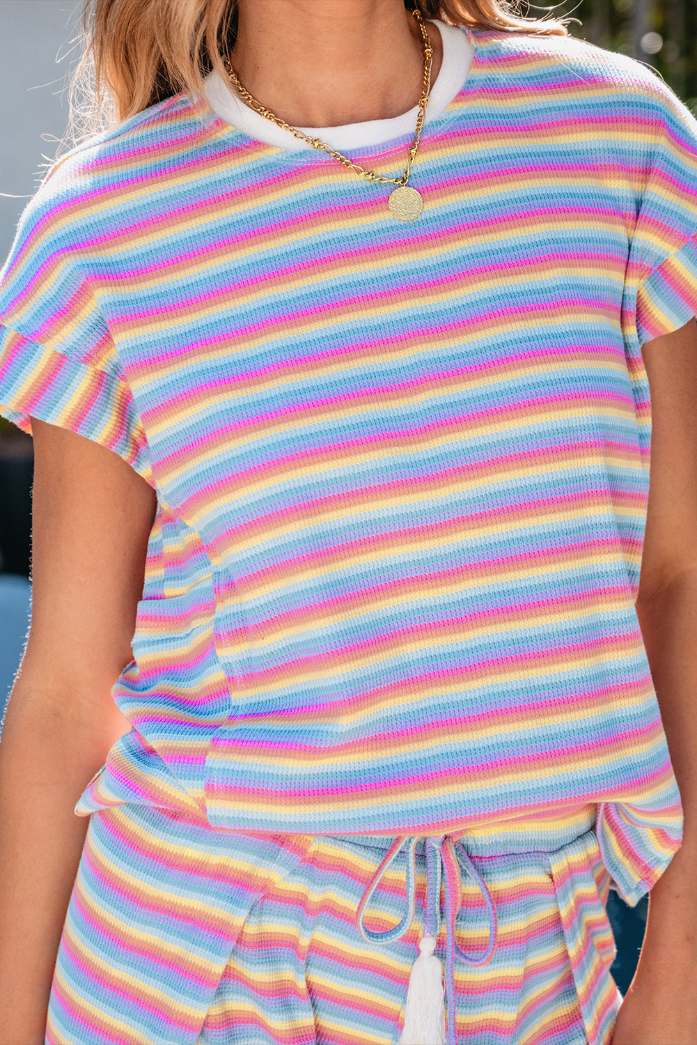 Pink Stripe Rainbow Tee Tasseled String Wide Leg Pants Set-Chaelisa's New Jammies