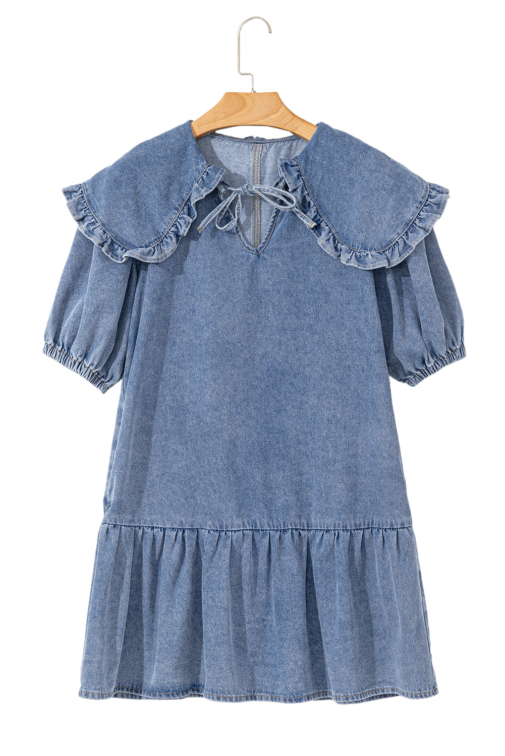 Dusk Blue Ruffled Collared Side Pockets Puff Sleeve Denim Mini Dress-Chaelisa's New Jammies