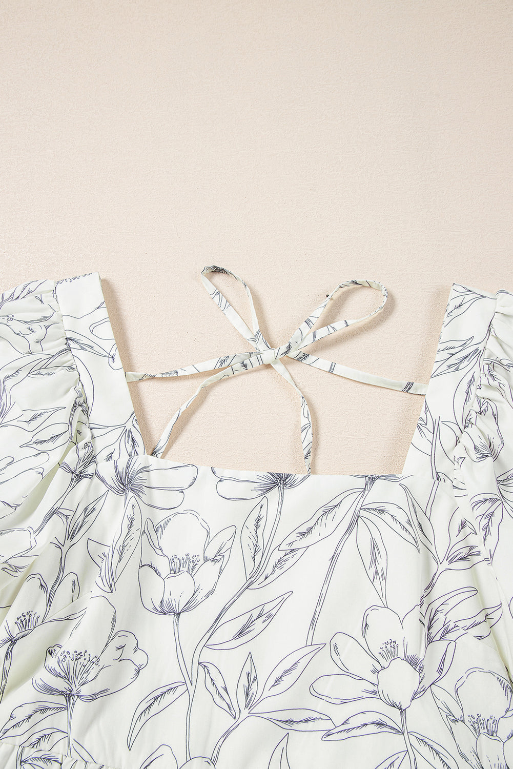 Beige Floral Print Square Neck Shirred Back Puff Sleeve Mini Dress-Chaelisa's New Jammies