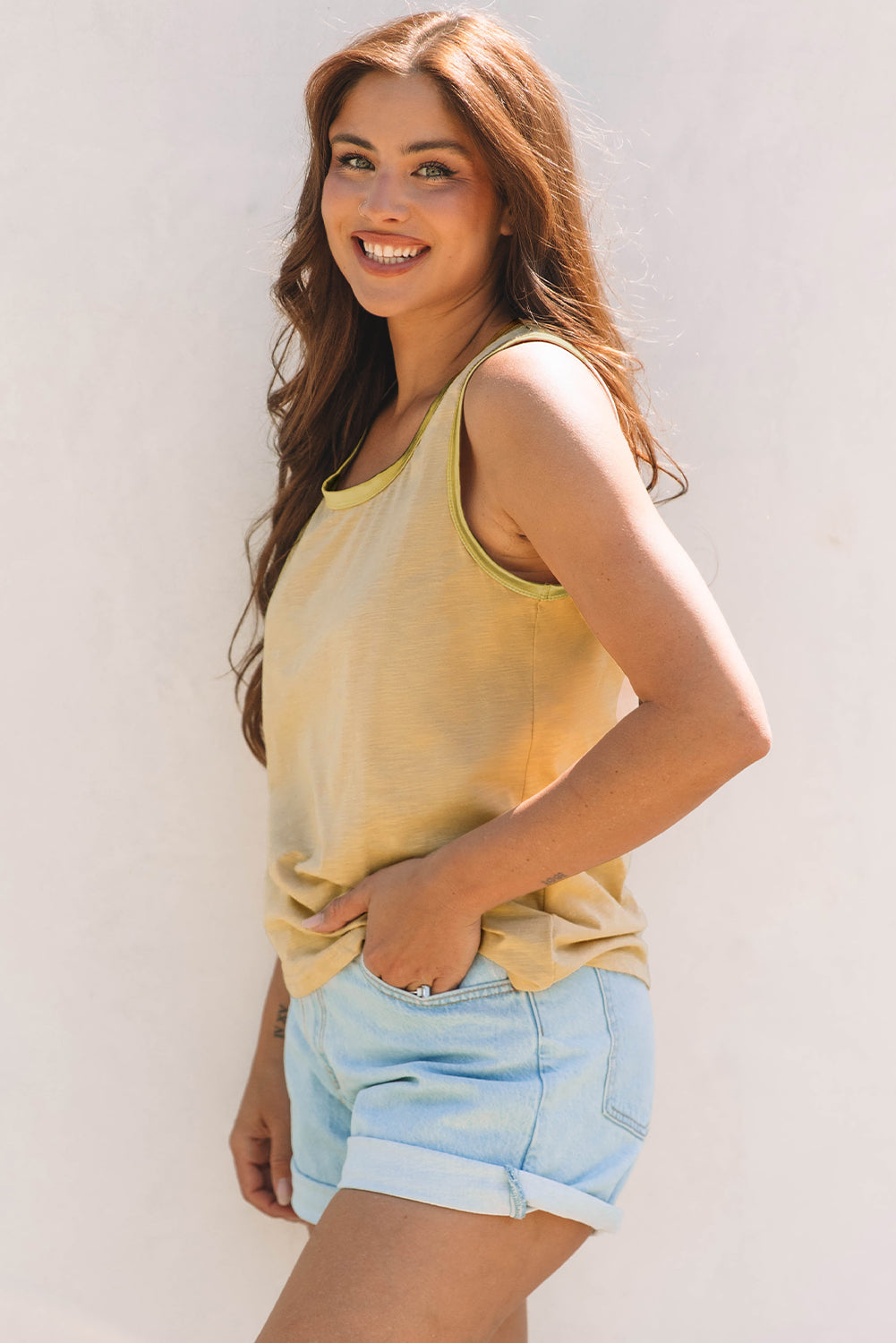 Tan Metallic Sheen Edge Scoop Neck Tank Top-Chaelisa's New Jammies