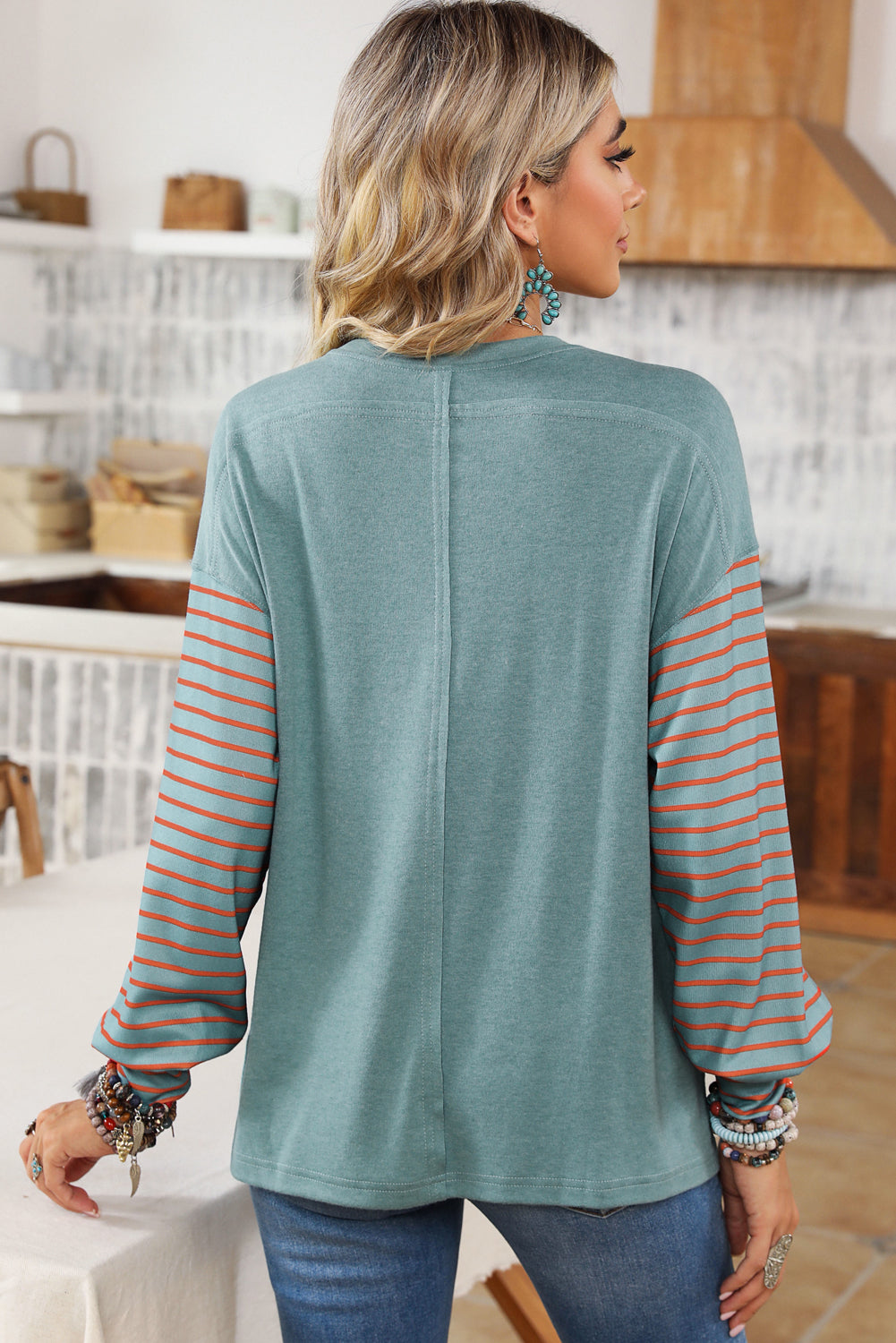Peach Blossom Colorblock Striped Bishop Sleeve Top-Chaelisa's New Jammies