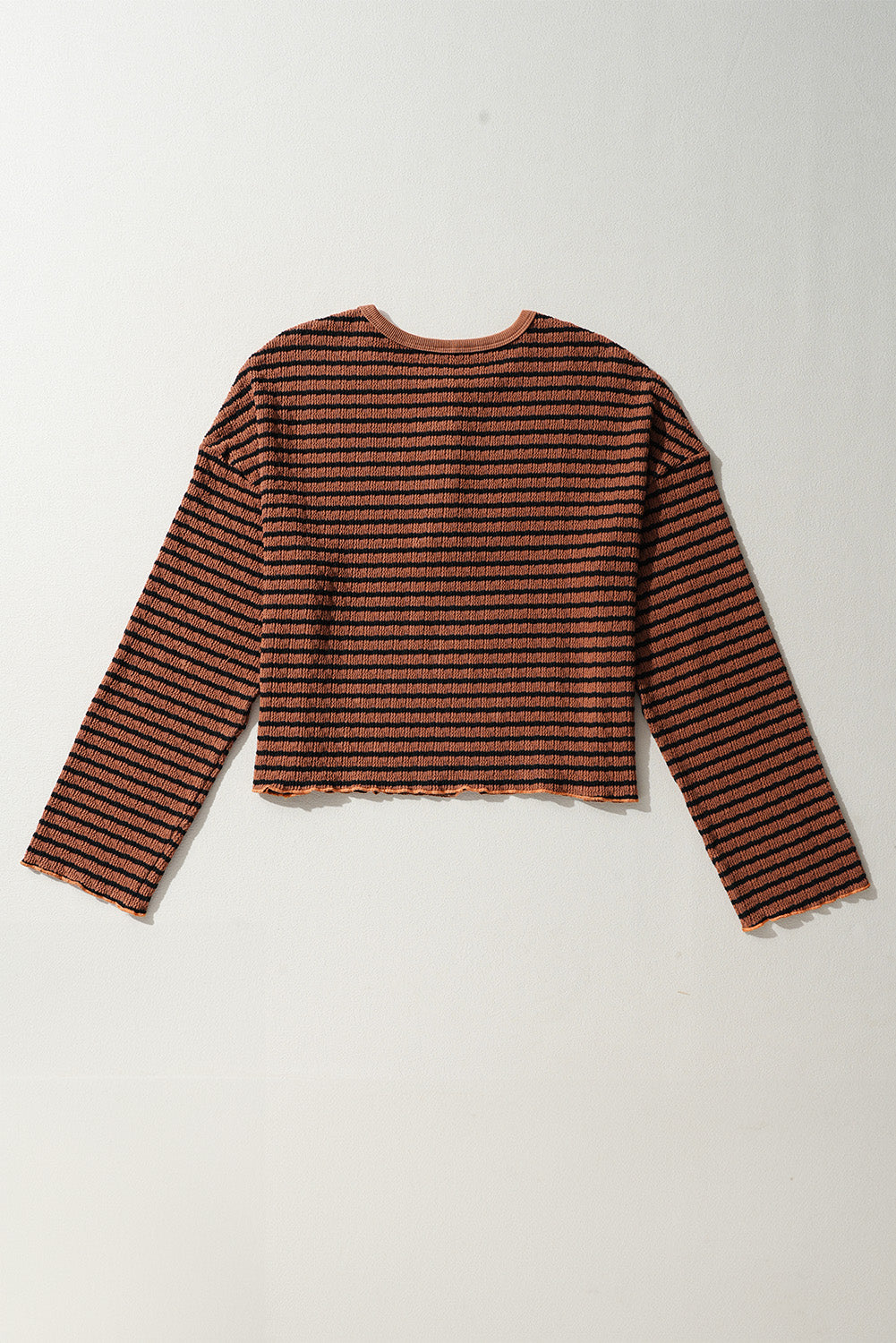 Brown Stripe Textured Frilly Trim Buttons Henley Long Sleeve Top-Chaelisa's New Jammies
