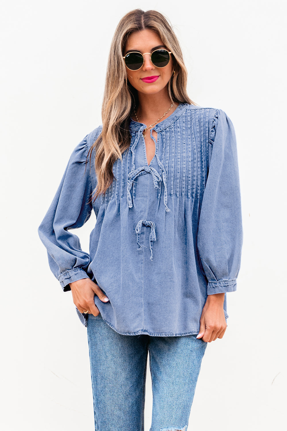 Myosotis Denim Front Pintuck Bow Tie Puff Sleeve Top-Chaelisa's New Jammies