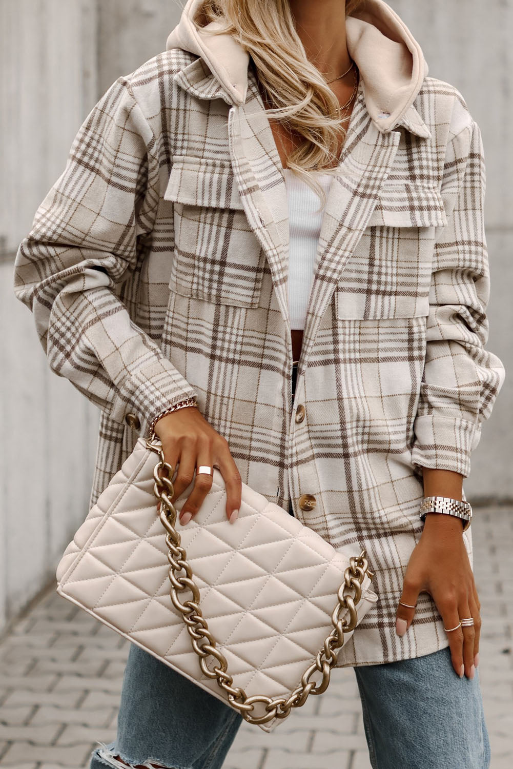 Khaki Plaid Removable Hooded Button Up Jacket-Chaelisa's New Jammies