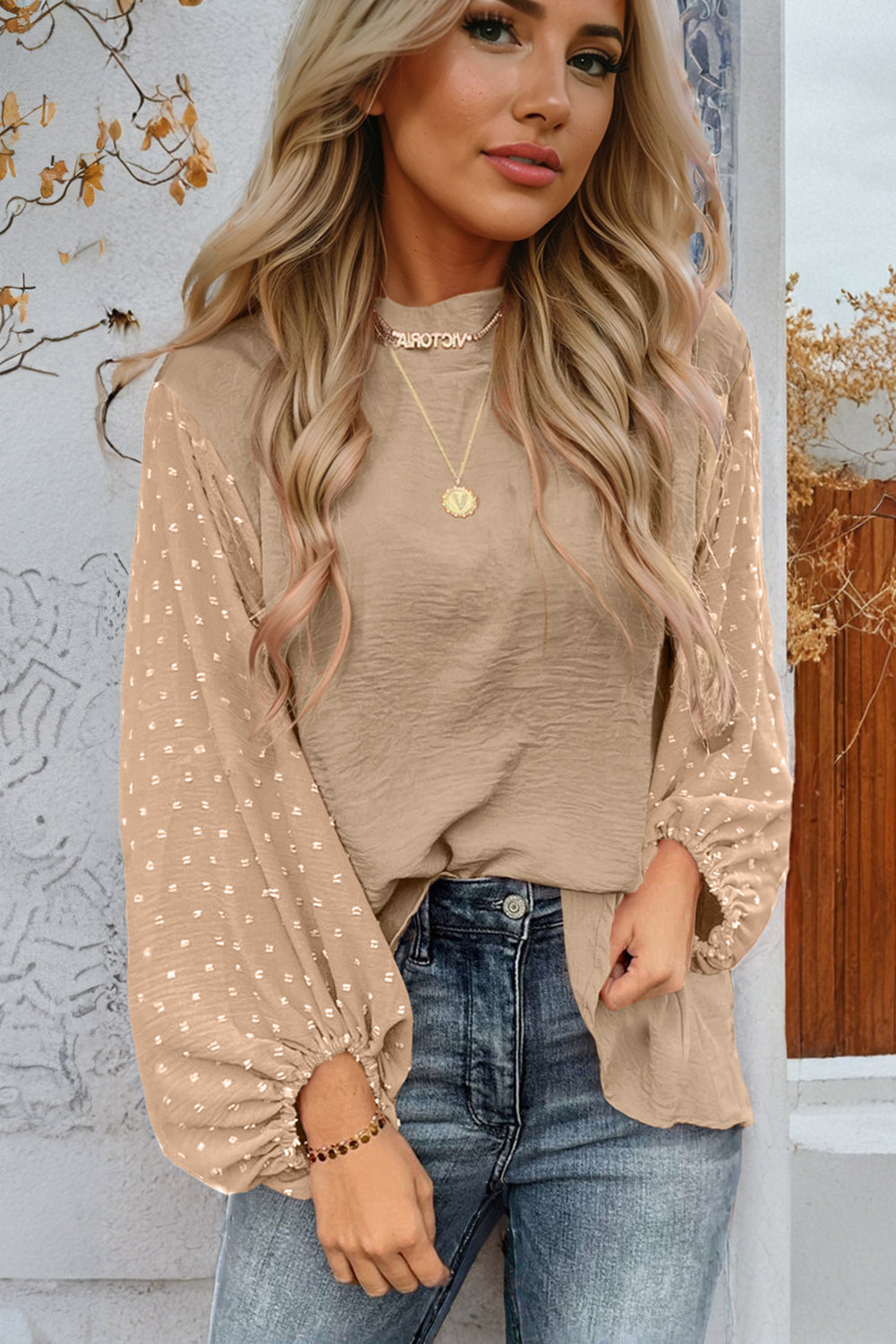 Parchment Swiss Dot Balloon Sleeve Loose Blouse-Chaelisa's New Jammies