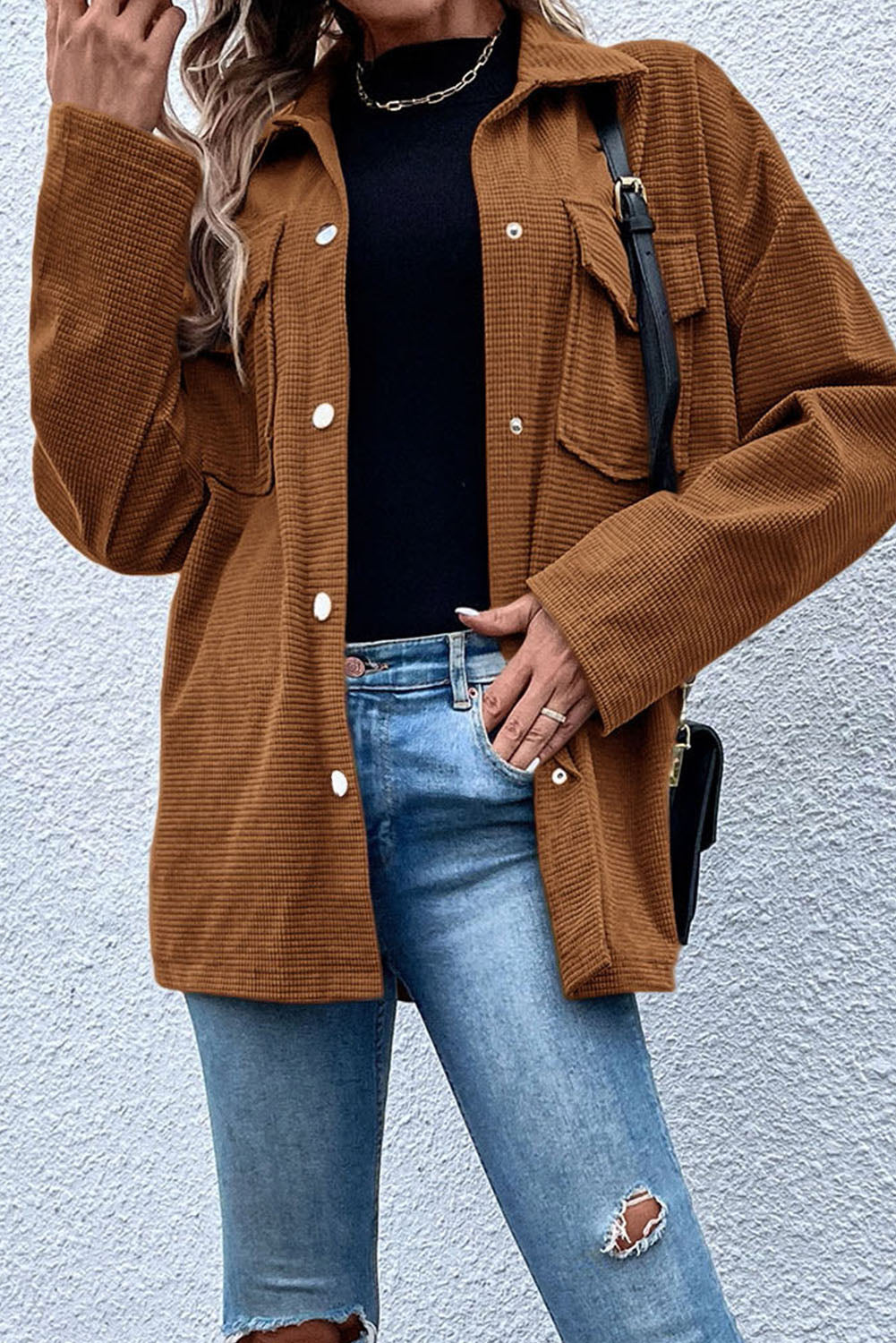 Brown Textured Flap Pocket Drop Shoulder Shacket-Chaelisa's New Jammies