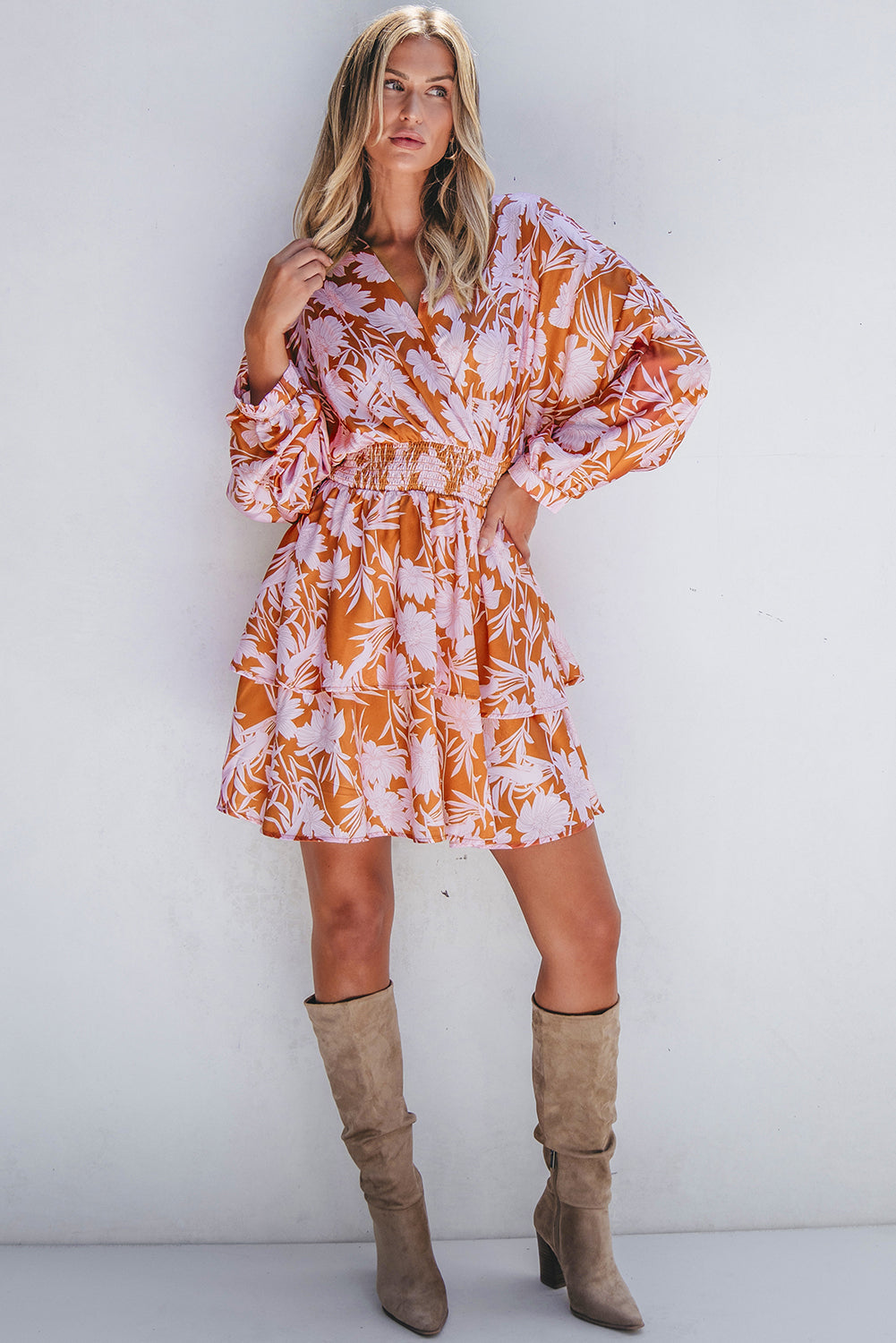 Brown Floral Puff Sleeve Smocked Waist Layered Dress-Chaelisa's New Jammies
