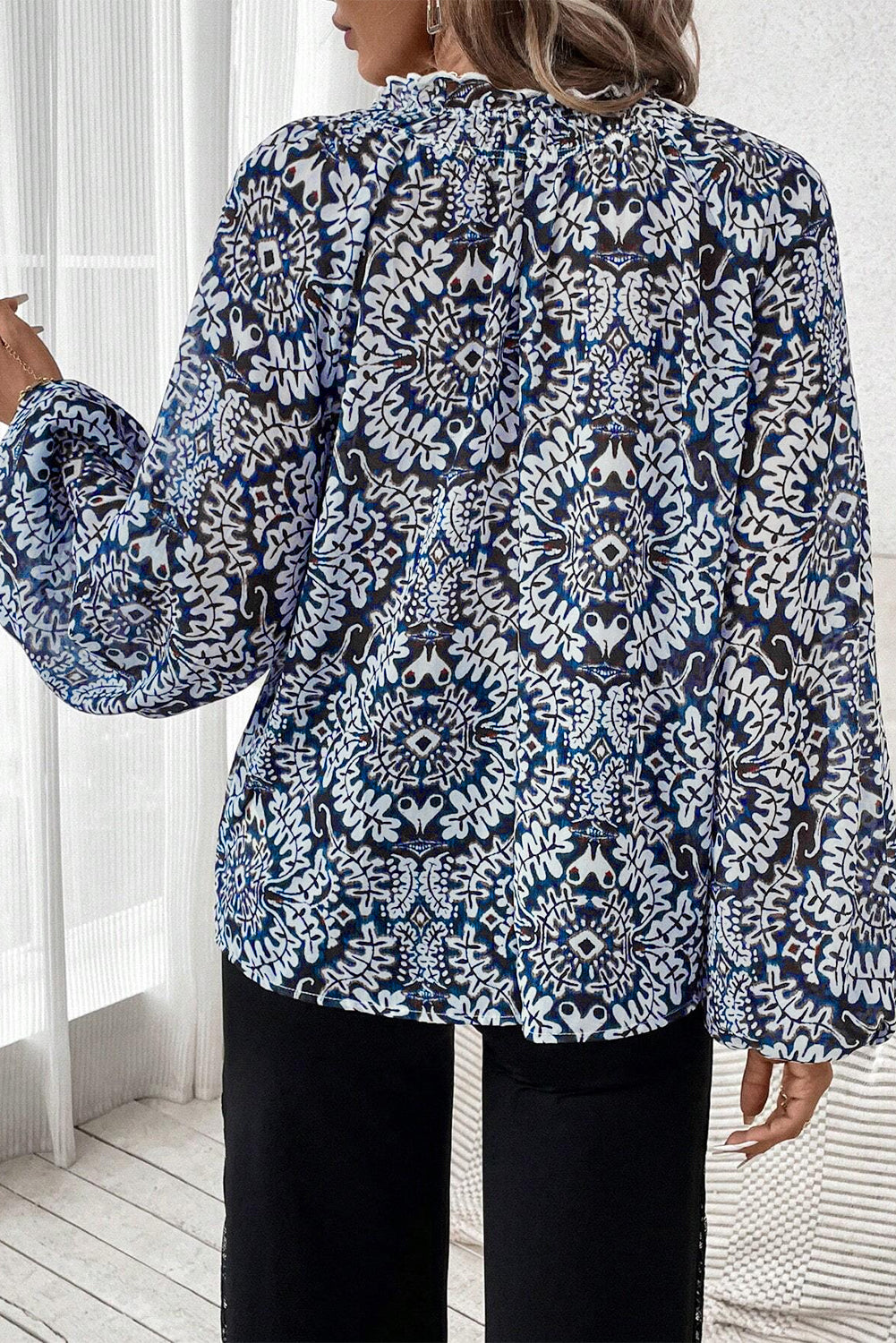 Blue Tribal Print Lace-up Frilled Neck Puff Sleeve Blouse-Chaelisa's New Jammies