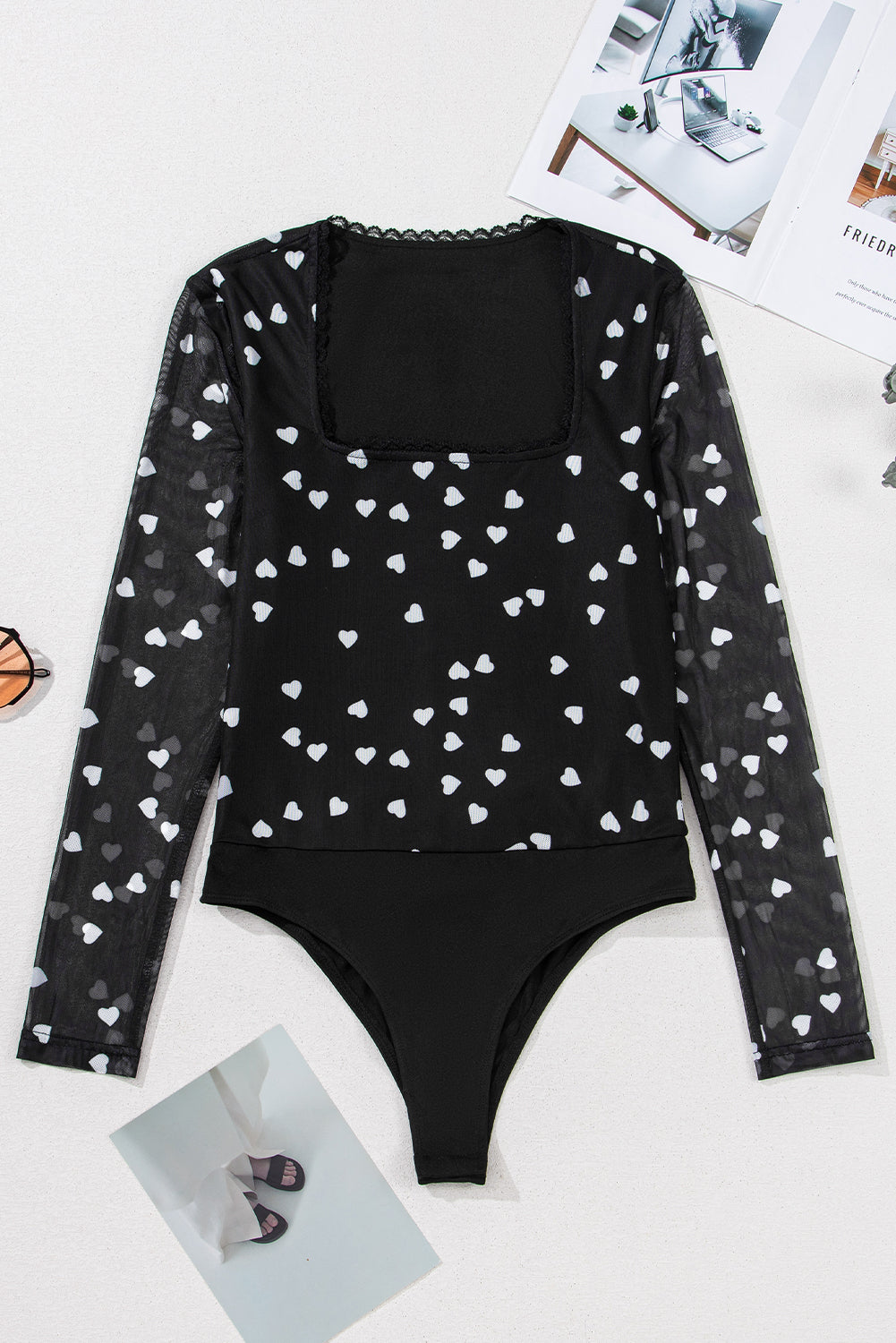 Black Heart Shape Mesh Patchwork Square Neck Bodysuit-Chaelisa's New Jammies
