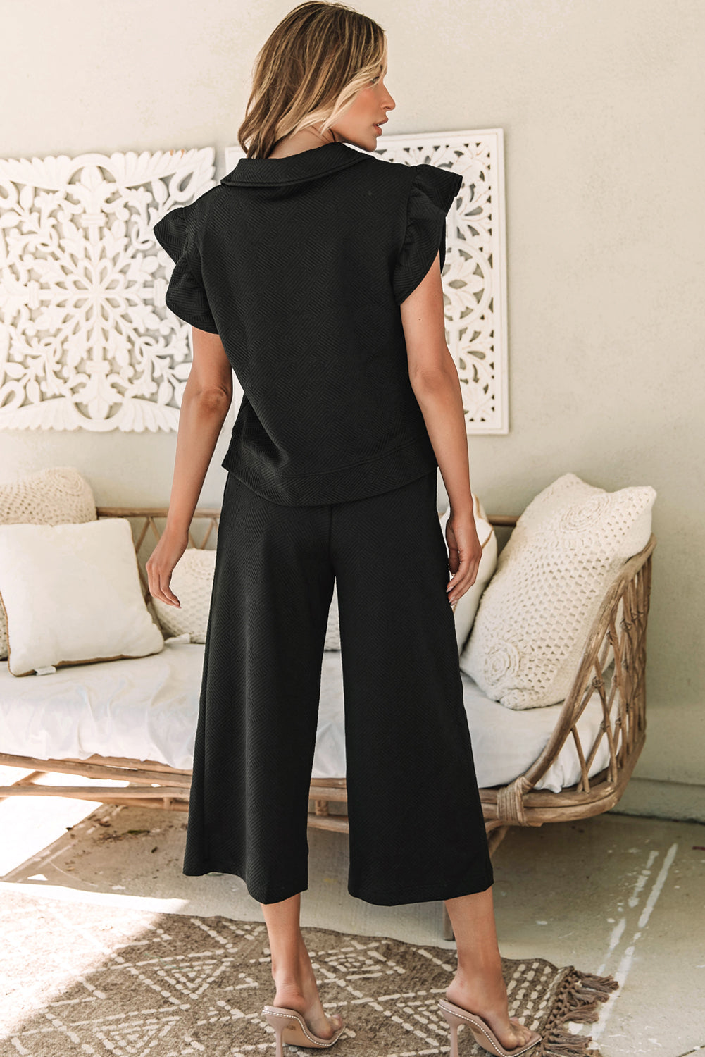 Black Textured Flutter Sleeve Top Wide Leg Pants Set-Chaelisa's New Jammies