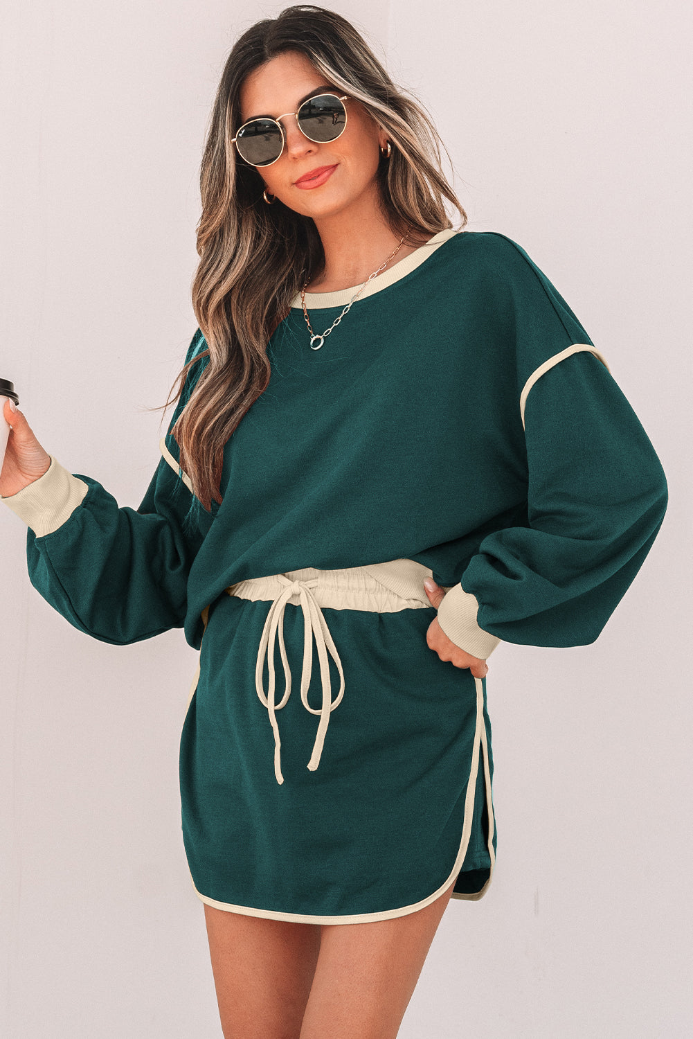 Evergreen Color Contrast Loose Pullover and Lace-up Waist Skort Set-Chaelisa's New Jammies