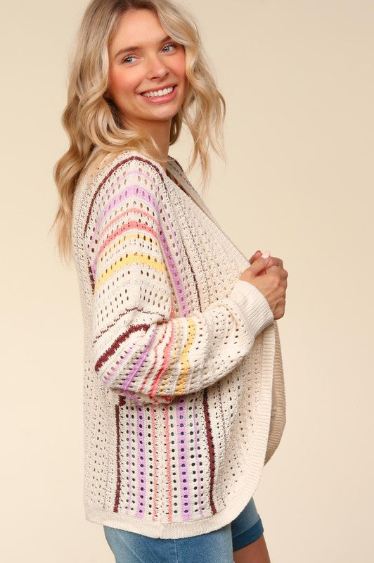 Haptics Full Size Striped Crochet Open Front Cardigan-Chaelisa's New Jammies