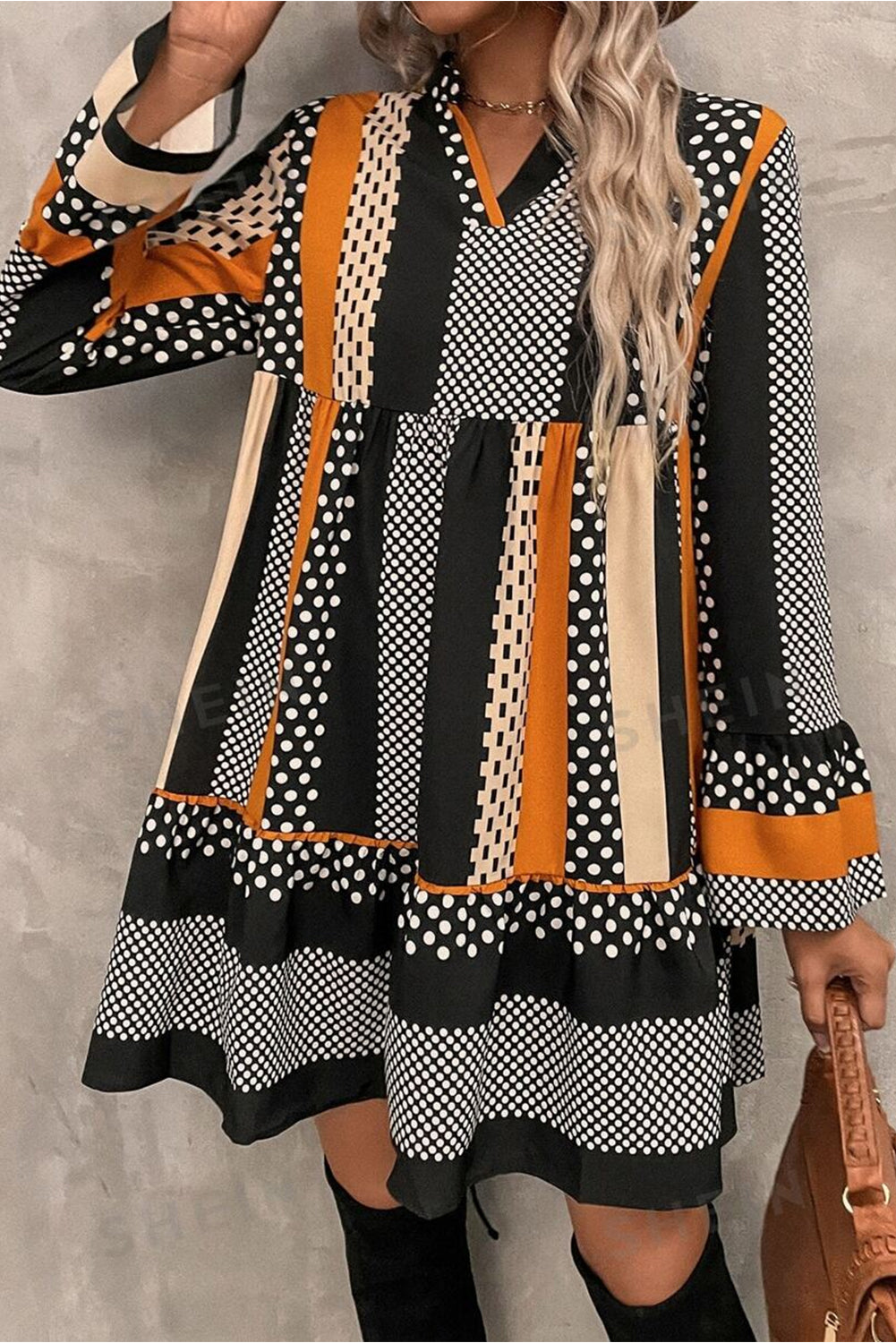 Black Striped Polka Dot Print Ruffled Hem V Neck Mini Dress-Chaelisa's New Jammies