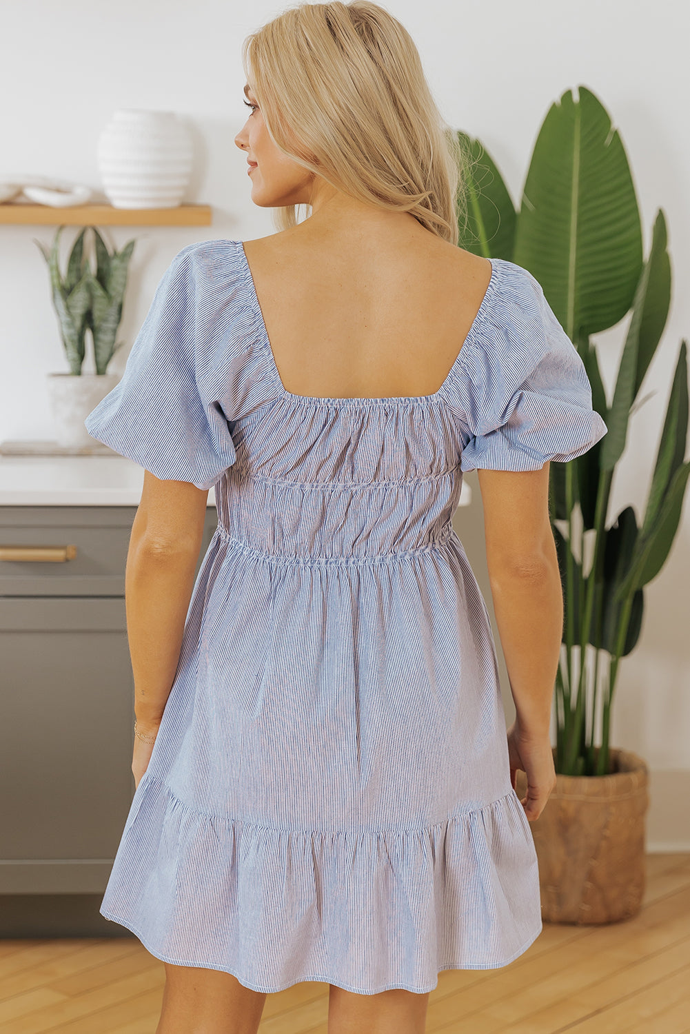 Sky Blue Stripe Bubble Sleeve Square Neck Ruched Pocketed Babydoll Dress-Chaelisa's New Jammies