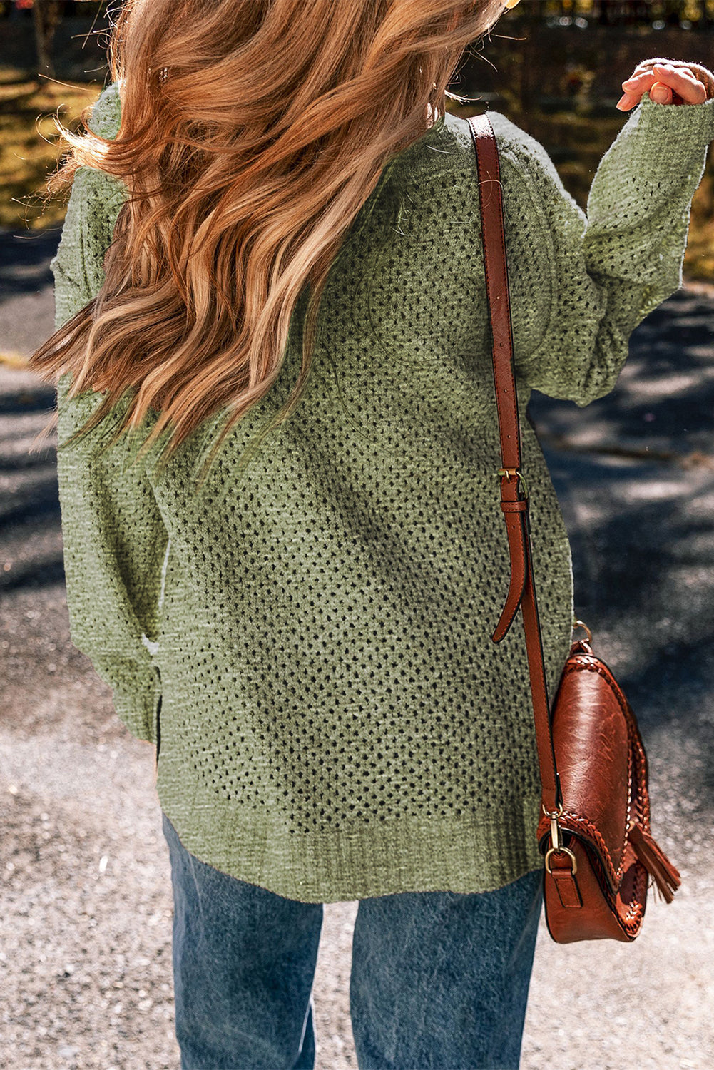 Jungle Green Loose Eyelet V Neck Drop Shoulder Sweater-Chaelisa's New Jammies