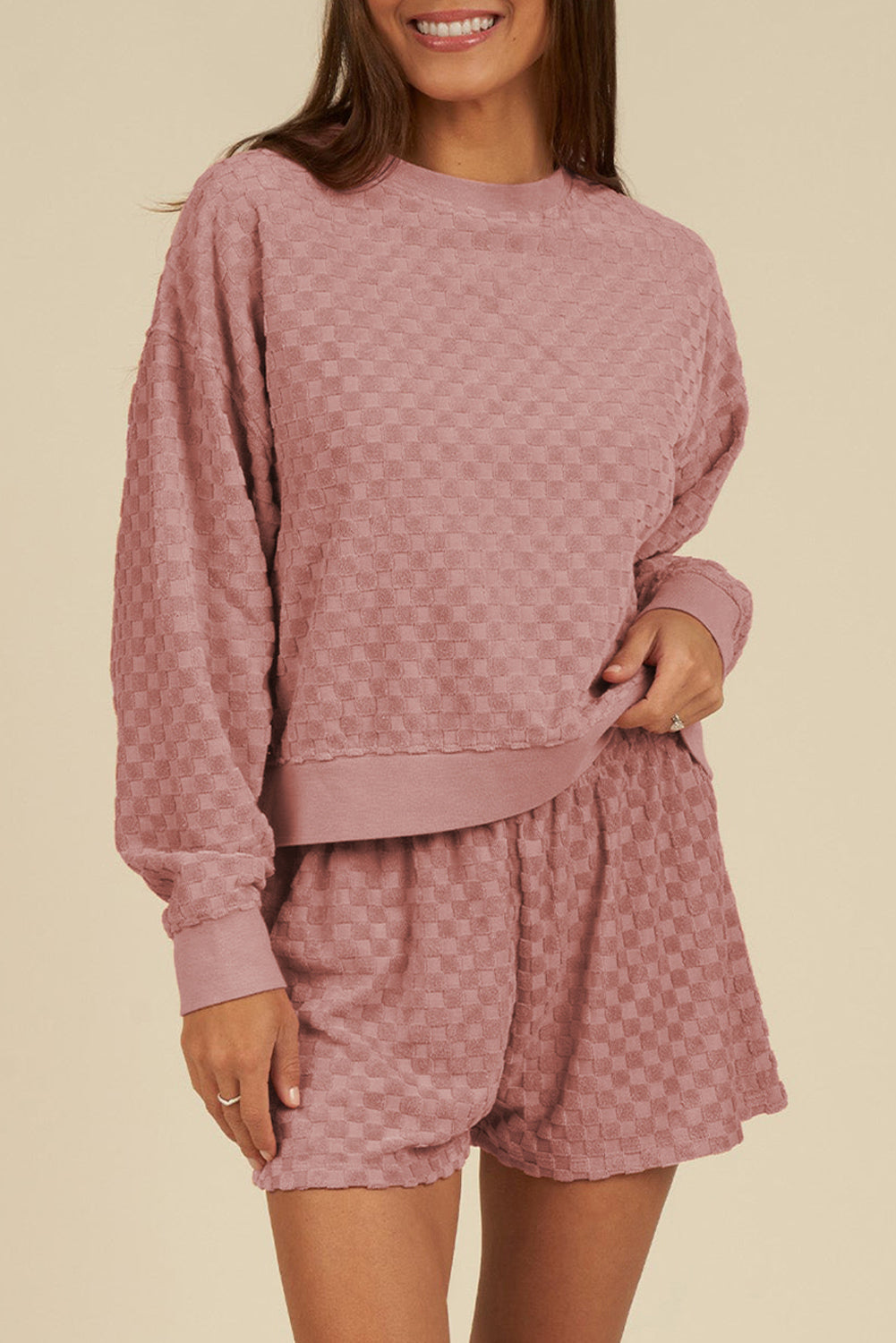 Blossom Checkered Textured Long Sleeve Top and Shorts Set-Chaelisa's New Jammies