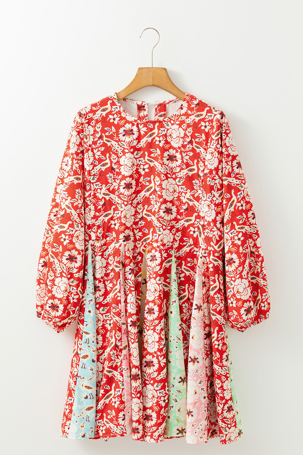 Red Colorful Floral Patchwork Long Sleeve Pleated Mini Dress-Chaelisa's New Jammies