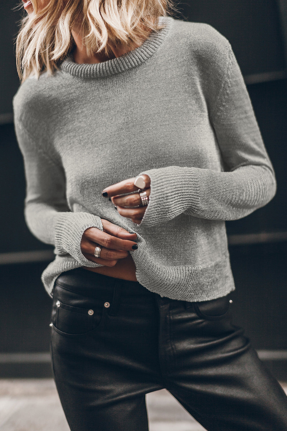 Gray Solid Color Thumbhole Sleeve Ribbed Edge Sweater-Chaelisa's New Jammies
