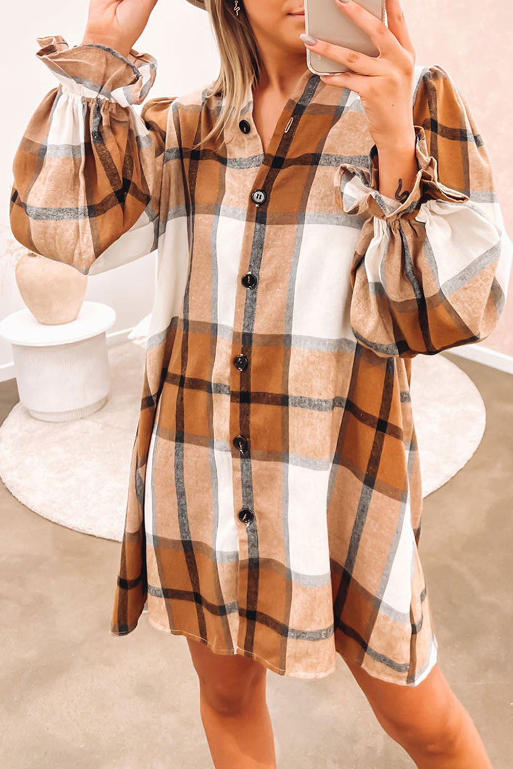Khaki Plaid Pattern Collared Neck Ruffled Sleeve Shirt Dress-Chaelisa's New Jammies