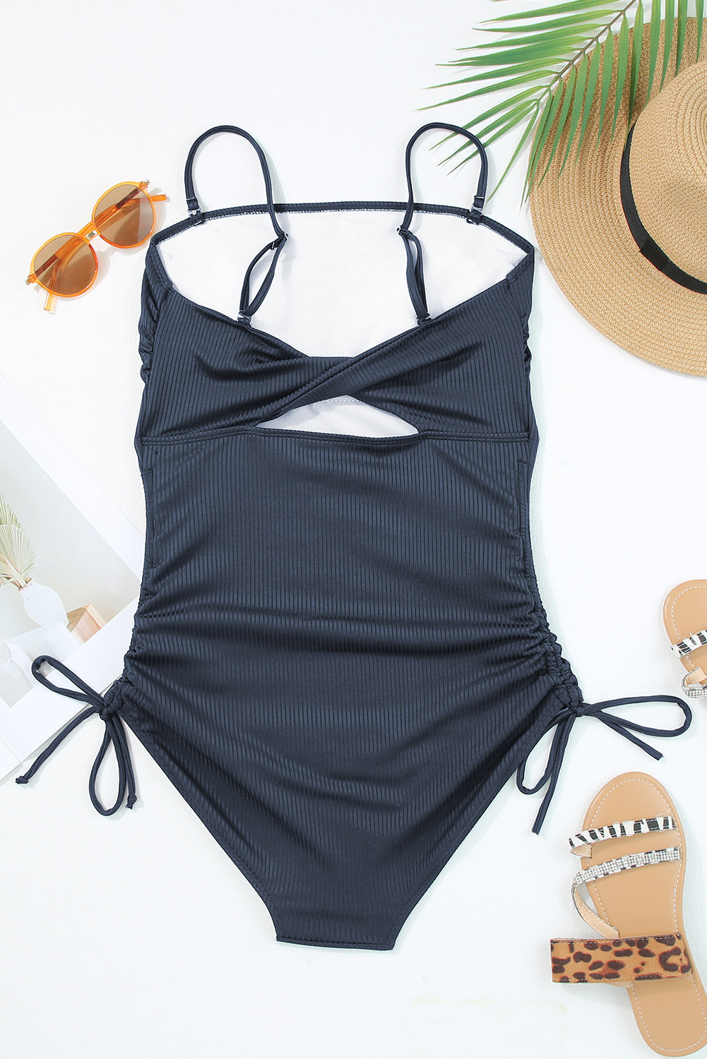 Navy Blue Ribbed Drawstring Sides Cutout One Piece Swimsuit-Chaelisa's New Jammies